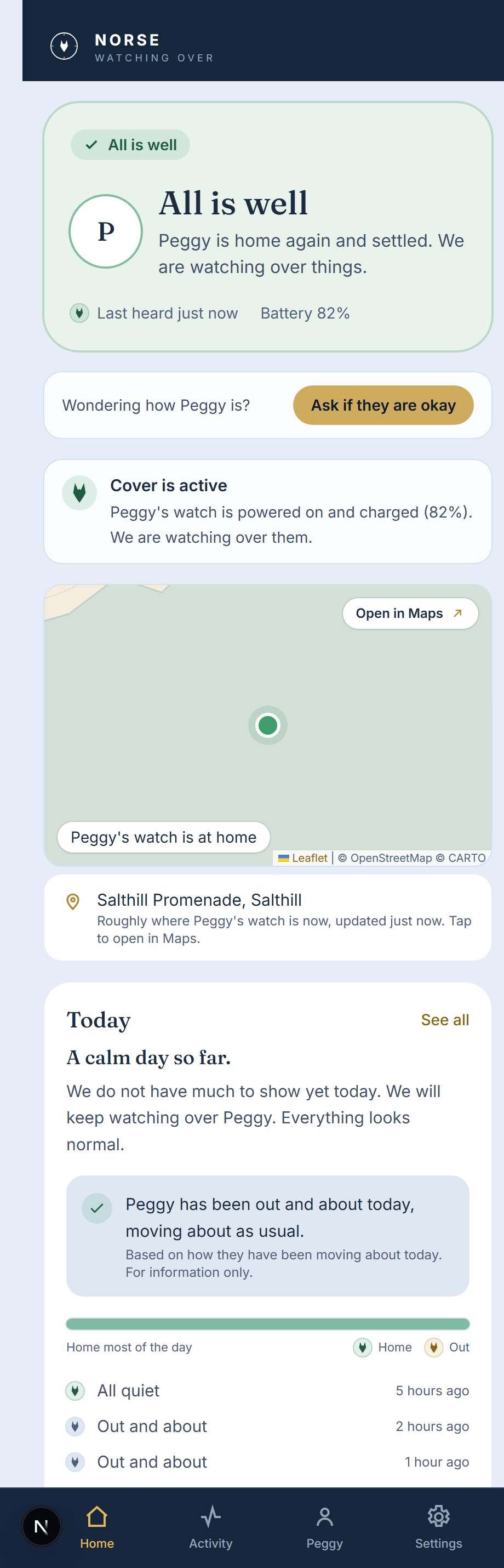 The Norse app showing the loved one is home again and settled