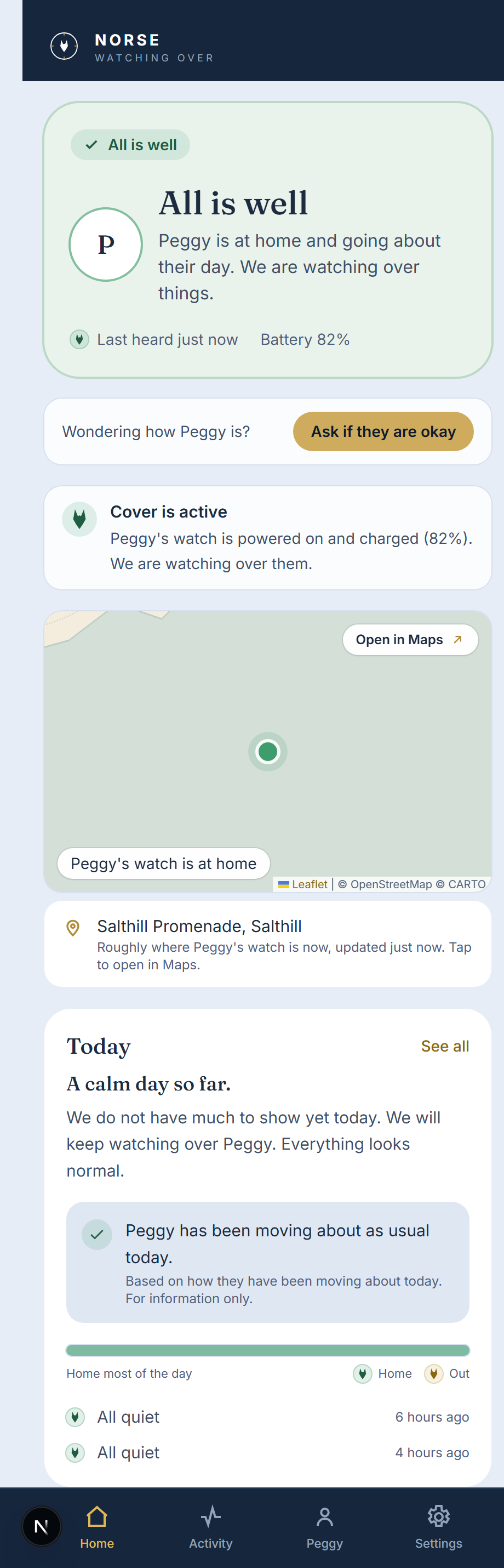 The Norse family app home screen: an older loved one is at home and all is well